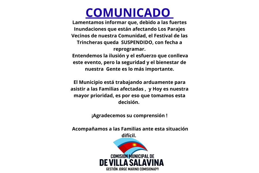 Suspendieron el Festival de las Trincheras por las inundaciones en Villa Salavina