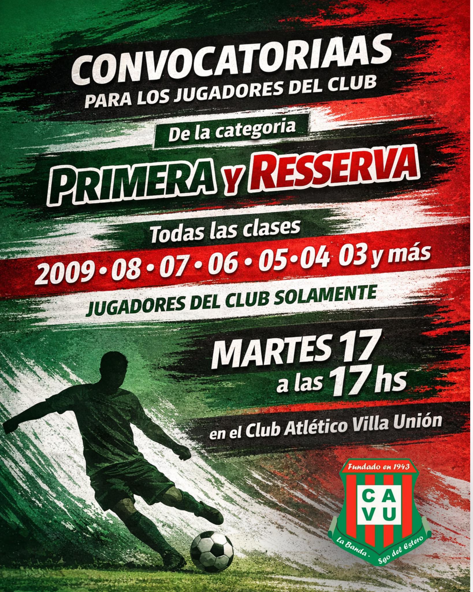 Villa Unión convoca jugadores para Primera, Reserva e inferiores