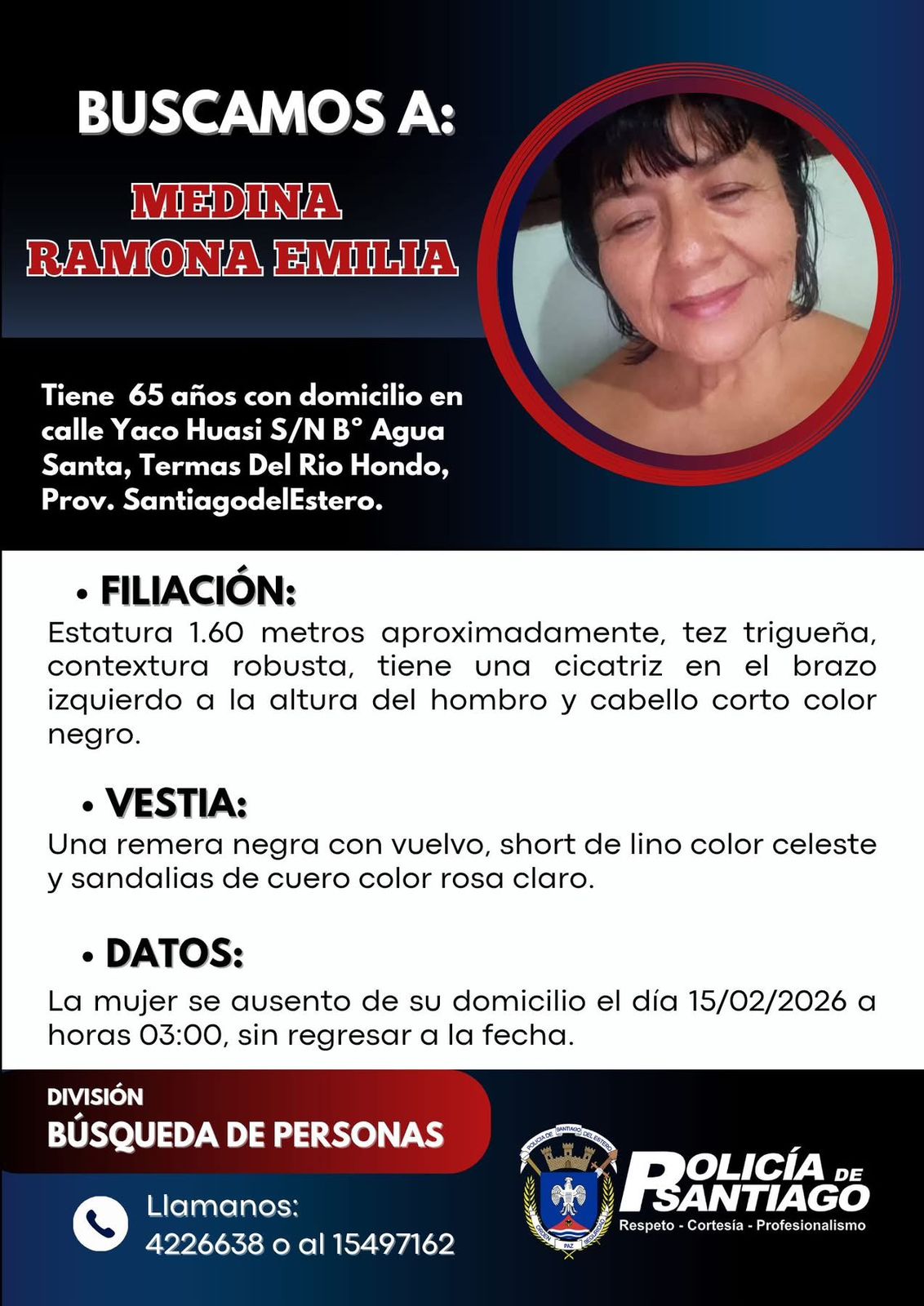 Intensa búsqueda de una mujer de 65 años desaparecida en Termas de Río Hondo